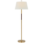 Griffin Large Floor Lamp in Hand-Rubbed Antique Brass and Saddle Leather with Linen Shade