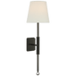 Griffin Tail Sconce in Bronze and Chocolate Leather with Linen Shade