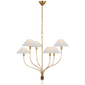 Griffin Large Staggered Tail Chandelier in Hand-Rubbed Antique Brass and Saddle Leather with Linen Shades