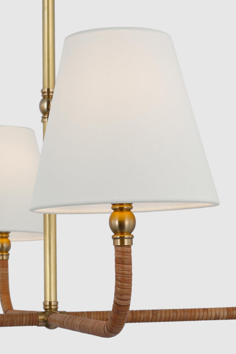 Basden Medium Single Tier Chandelier in Antique-Burnished Brass and Natural Rattan with Linen Shades