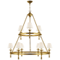 Classic Two-Tier Ring Chandelier in Hand-Rubbed Antique Brass with Linen Shades