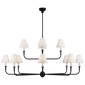 Piaf Grande Two-Tier Chandelier in Aged Iron and Ebonized Oak with Linen Shades
