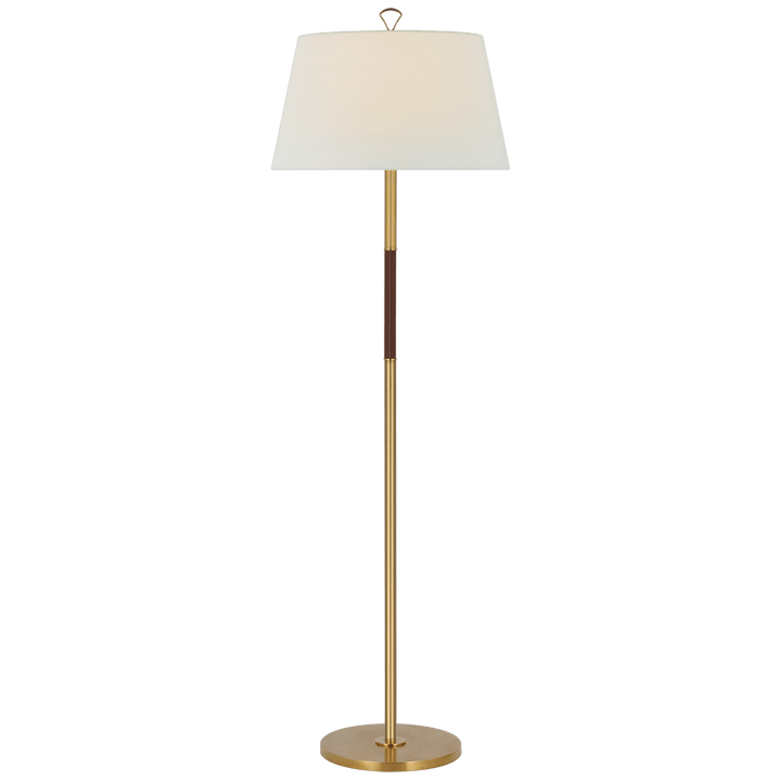 Griffin Large Floor Lamp in Hand-Rubbed Antique Brass and Saddle Leather with Linen Shade