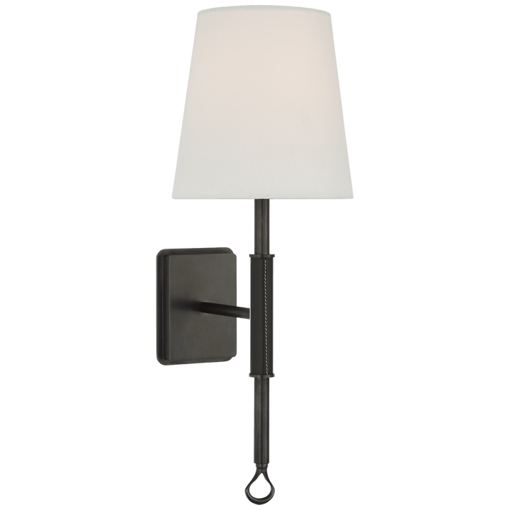 Griffin Sconce in Bronze and Chocolate Leather with Linen Shade