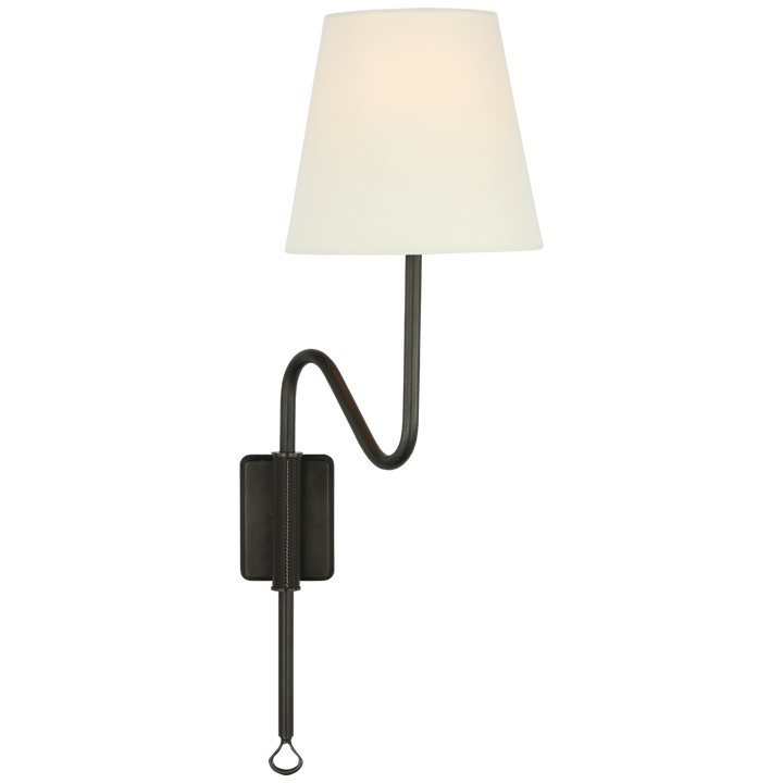 Griffin Articulating Sconce in Bronze and Chocolate Leather with Linen Shade