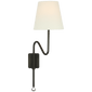 Griffin Articulating Sconce in Bronze and Chocolate Leather with Linen Shade