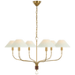 Griffin Extra Large Tail Chandelier in Hand-Rubbed Antique Brass and Saddle Leather with Linen Shades