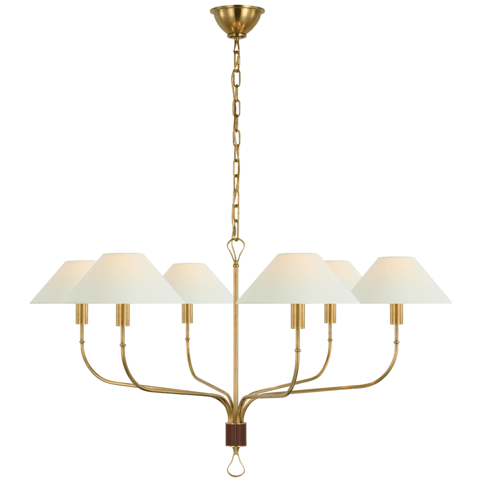 Griffin Extra Large Tail Chandelier in Hand-Rubbed Antique Brass and Saddle Leather with Linen Shades