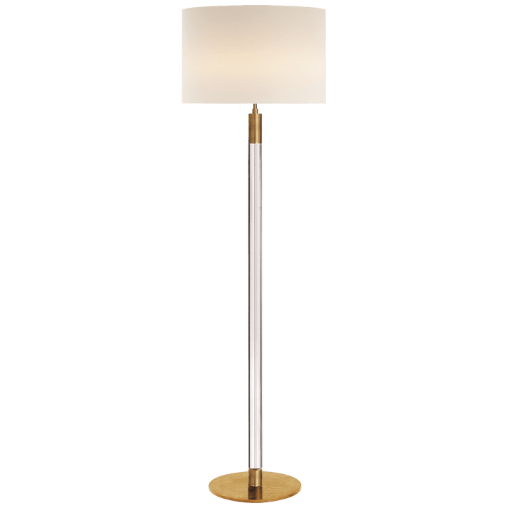 Riga Floor Lamp in Hand-Rubbed Antique Brass and Clear Glass with Linen Shade
