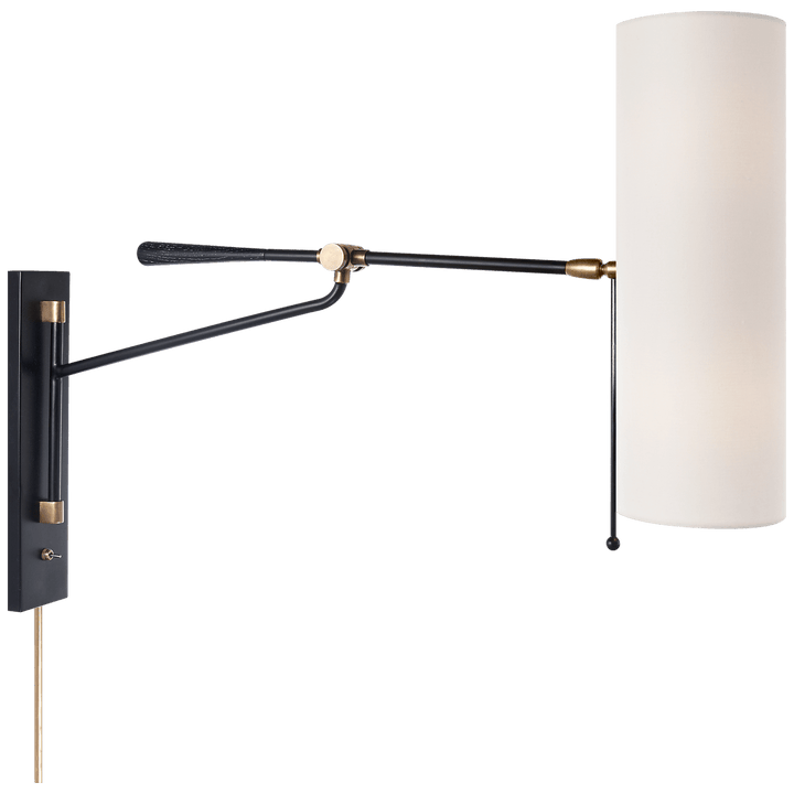 Frankfort Articulating Wall Light in Black and Hand-Rubbed Antique Brass Accents with Linen Shade