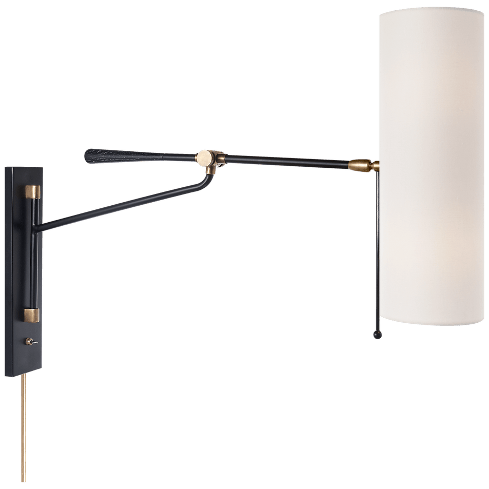 Frankfort Articulating Wall Light in Black and Hand-Rubbed Antique Brass Accents with Linen Shade