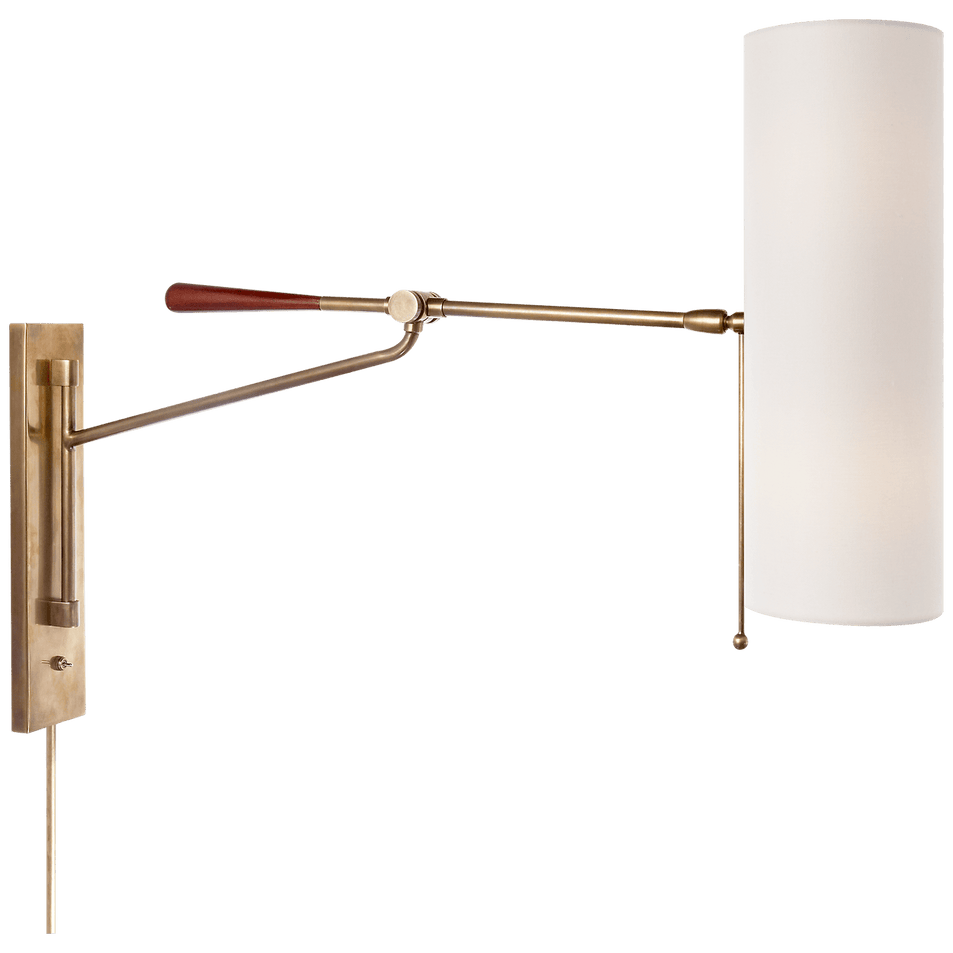 Frankfort Articulating Wall Light in Hand-Rubbed Antique Brass and Mahogany Accents with Linen Shade