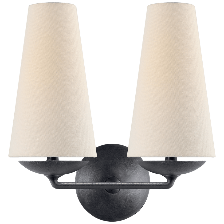 Fontaine Double Sconce in Aged Iron with Linen Shades