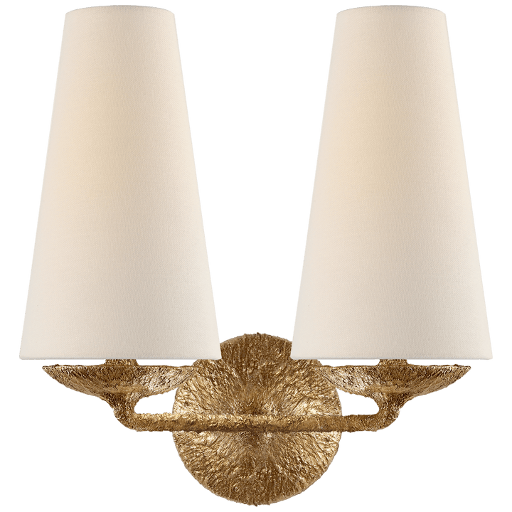 Fontaine Double Sconce in Gilded Plaster with Linen Shades