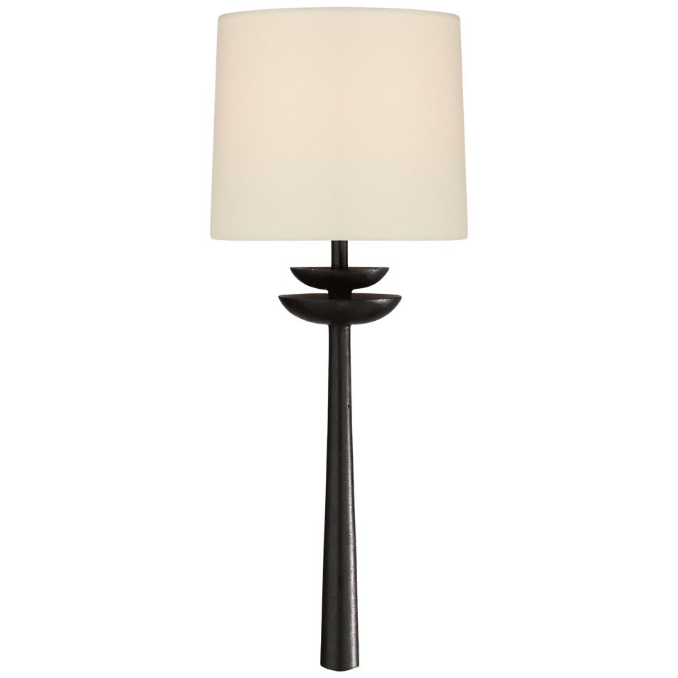 Beaumont Medium Tail Sconce in Aged Iron with Linen Shade
