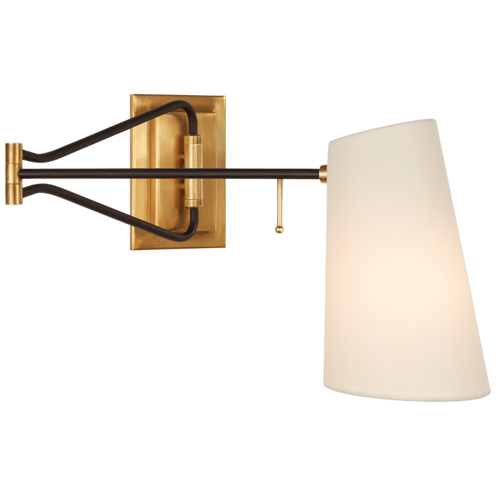 Keil Swing Arm Wall Light in Hand-Rubbed Antique Brass and Black with Linen Shade