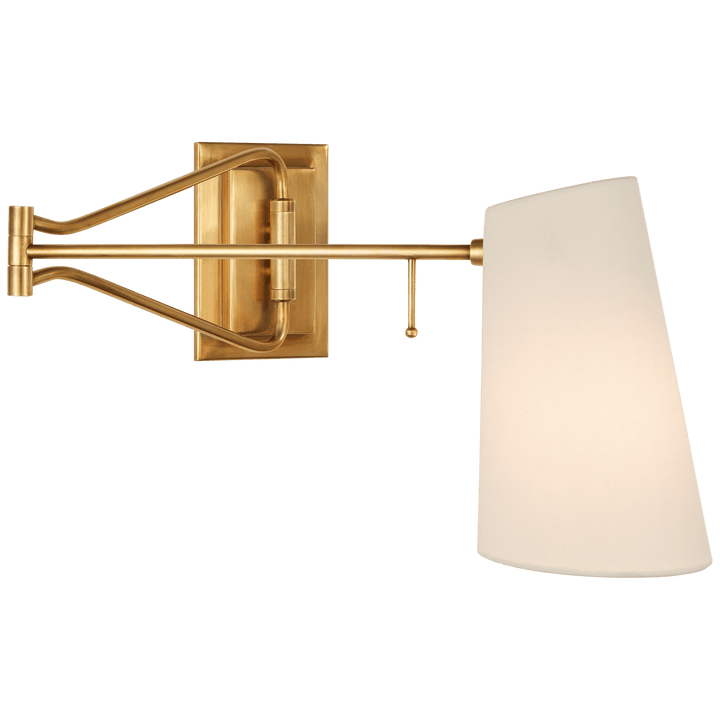 Keil Swing Arm Wall Light in Hand-Rubbed Antique Brass with Linen Shade