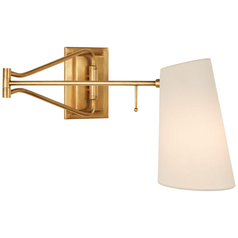 Keil Swing Arm Wall Light in Hand-Rubbed Antique Brass with Linen Shade