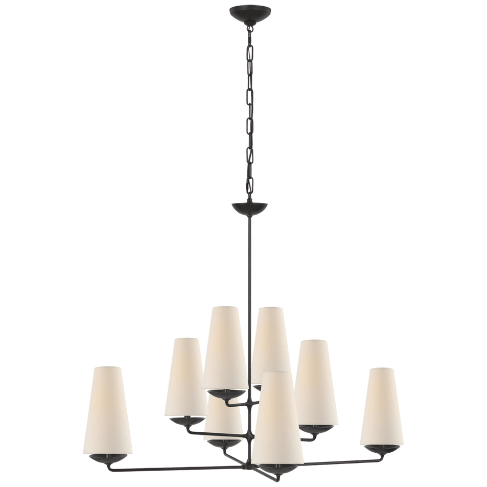 Fontaine Large Offset Chandelier in Aged Iron with Linen Shades