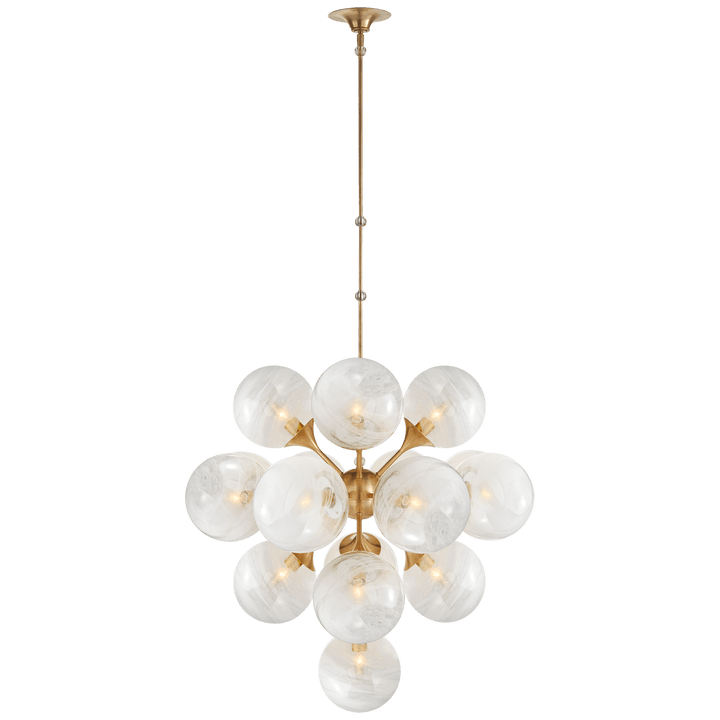 Cristol Large Tiered Chandelier in Hand-Rubbed Antique Brass with White Strie Glass