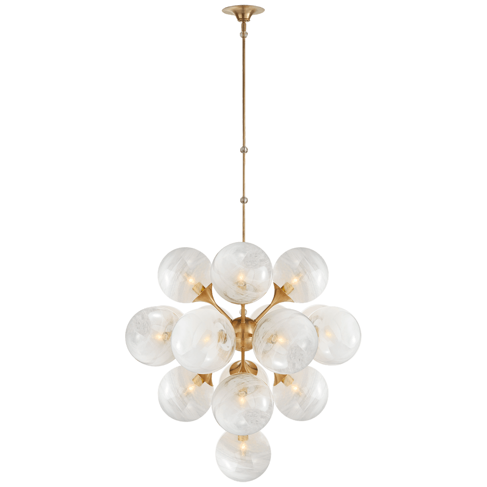 Cristol Large Tiered Chandelier in Hand-Rubbed Antique Brass with White Strie Glass