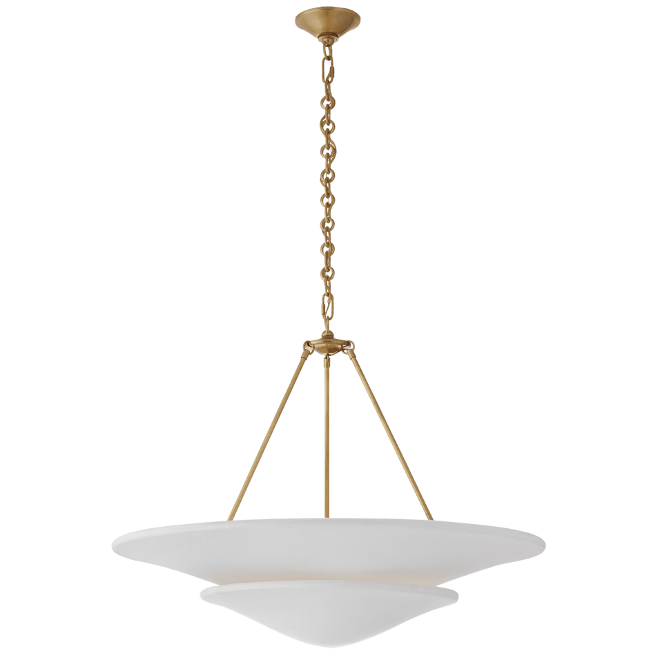 Mollino Large Tiered Chandelier in Hand-Rubbed Antique Brass with Plaster White Shade