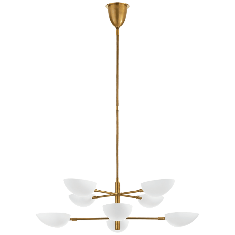 Graphic Large Two-Tier Chandelier in Hand-Rubbed Antique Brass with White Shades
