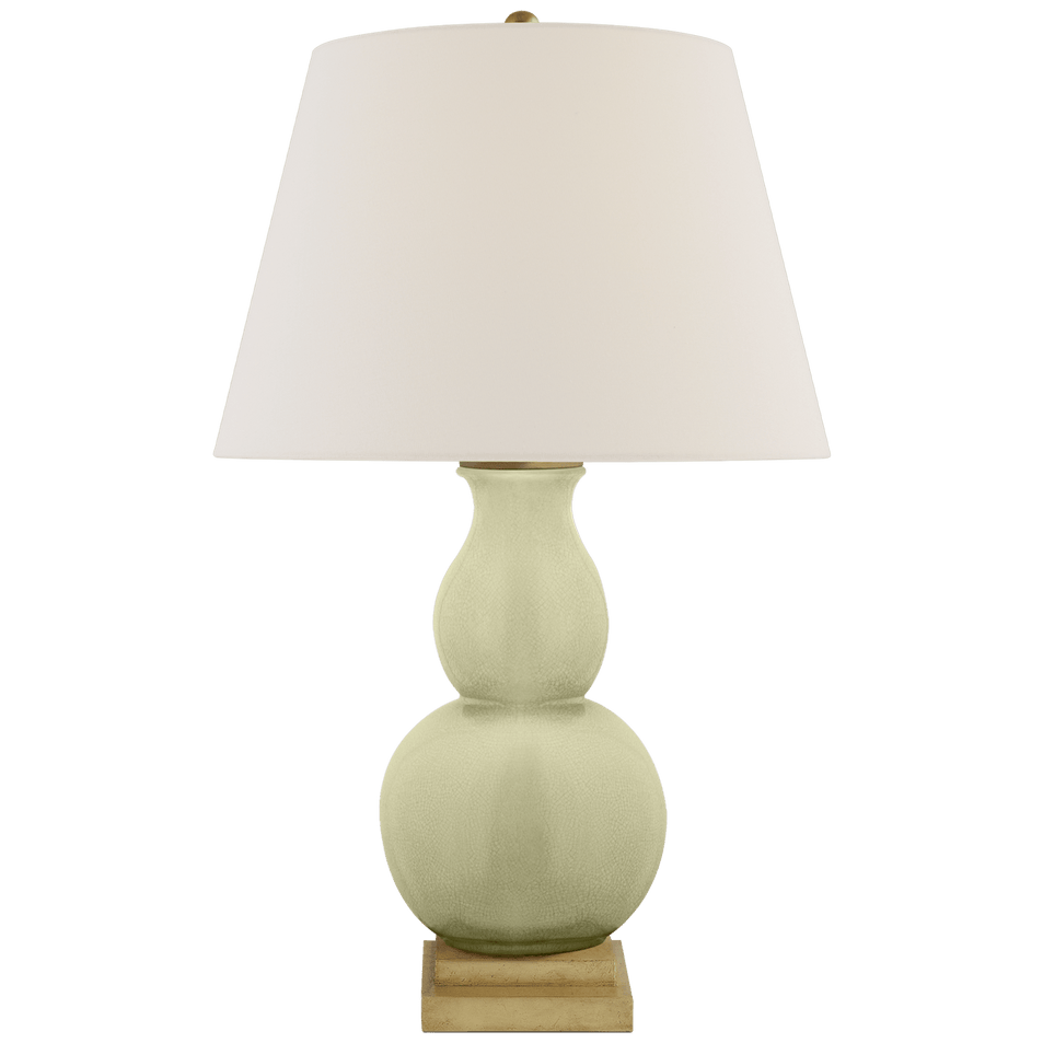 Gourd Form Small Table Lamp in Celadon Crackle with Linen Shade