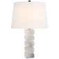 Square Chunky Stacked Table Lamp in Alabaster with Linen Shade