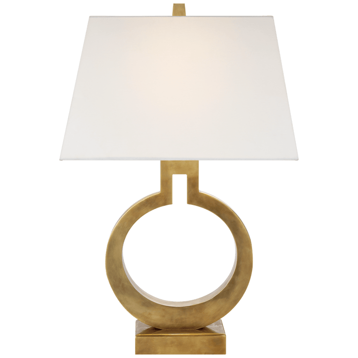 Ring Form Small Table Lamp in Antique-Burnished Brass with Linen Shade
