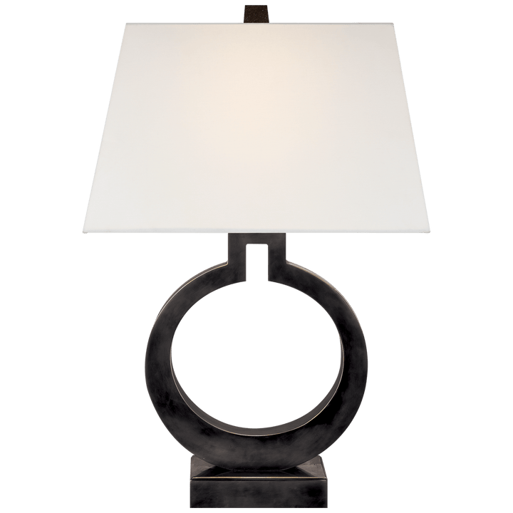 Ring Form Large Table Lamp in Bronze with Linen Shade