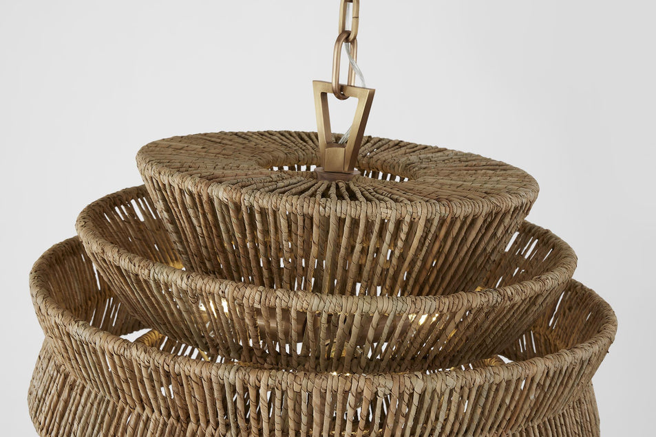 Antigua Small Drum Chandelier in Antique-Burnished Brass and Natural Abaca