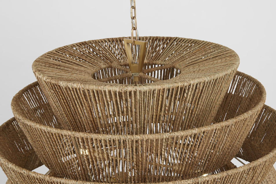 Antigua XL Drum Chandelier in Antique-Burnished Brass and Natural Abaca
