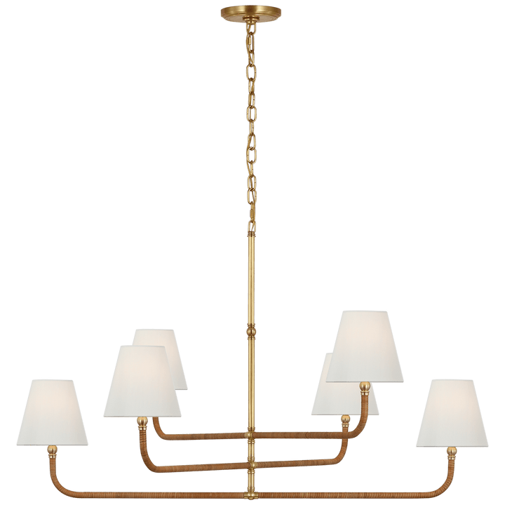 Basden Extra Large Three Tier Chandelier in Antique-Burnished Brass and Natural Rattan with Linen Shades