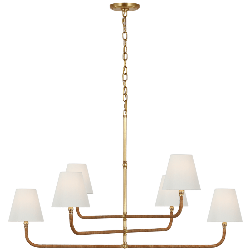 Basden Extra Large Three Tier Chandelier in Antique-Burnished Brass and Natural Rattan with Linen Shades