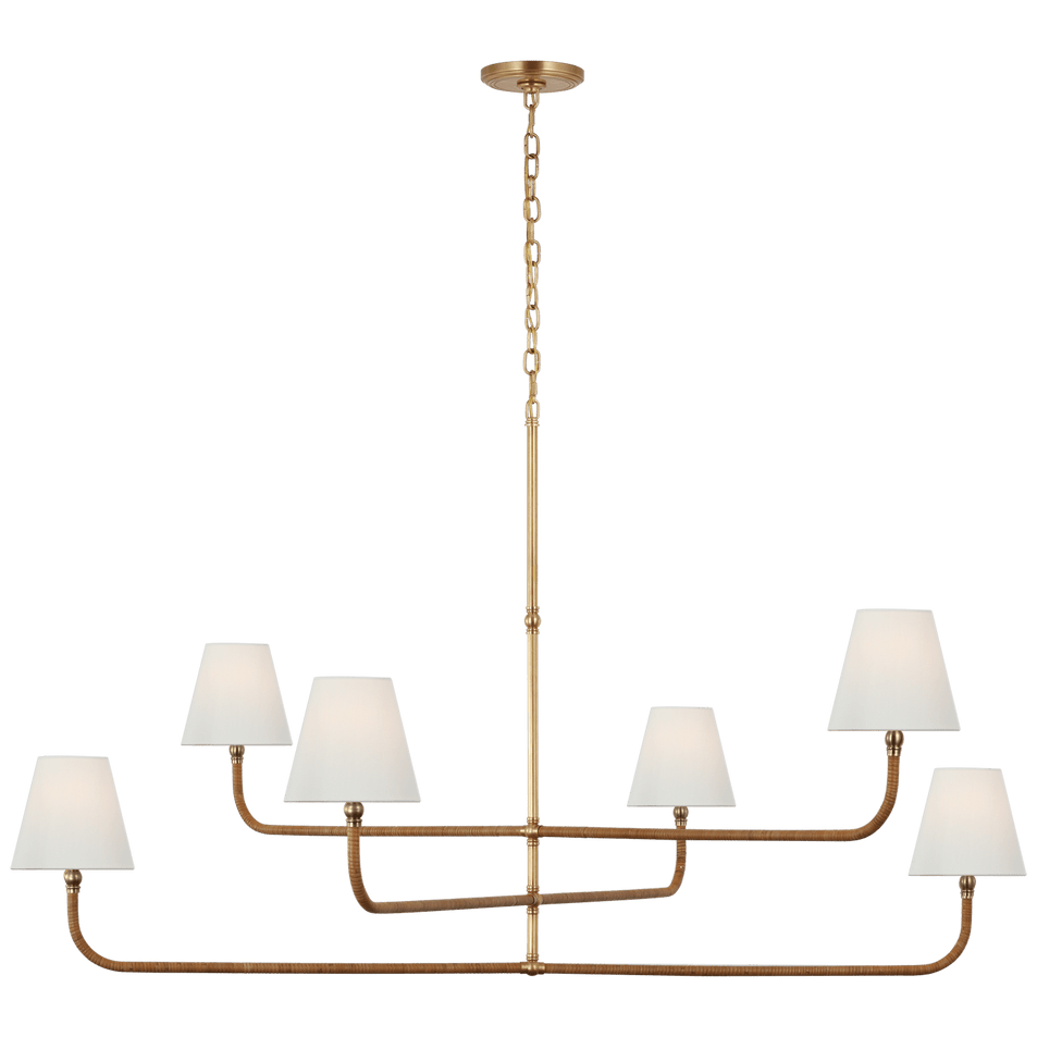 Basden Grande Three Tier Chandelier in Antique-Burnished Brass and Natural Rattan with Linen Shades