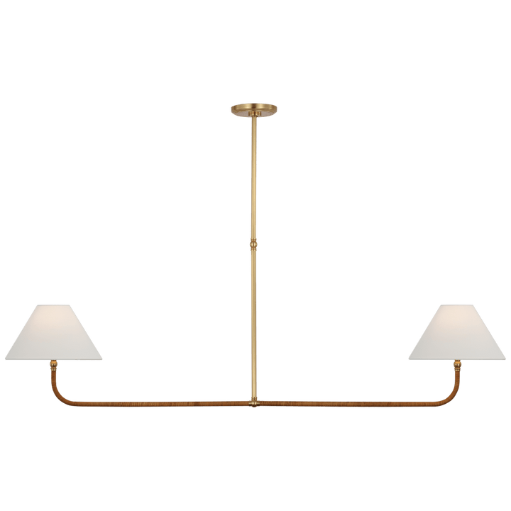 Basden Extra Large Linear Chandelier in Antique-Burnished Brass and Natural Rattan with Linen Shades