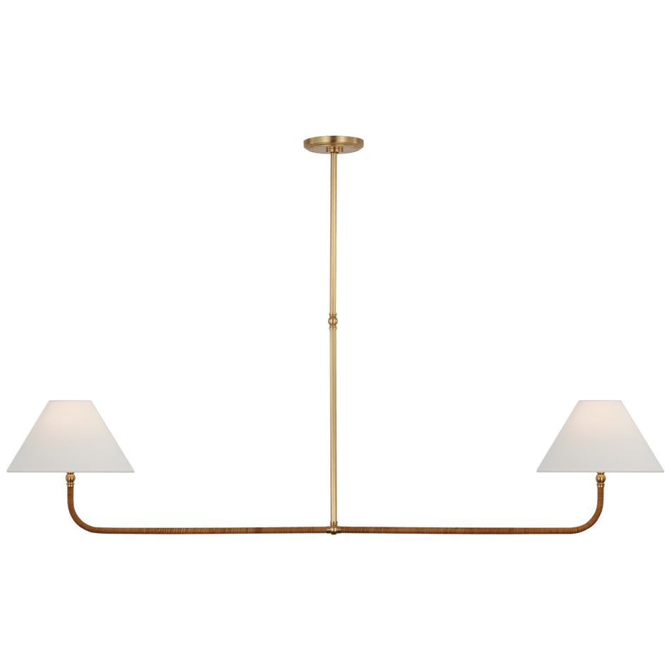Basden Extra Large Linear Chandelier in Antique-Burnished Brass and Natural Rattan with Linen Shades