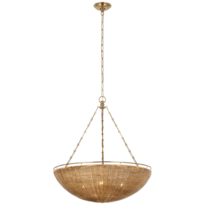 Clovis Medium Chandelier in Antique-Burnished Brass and Natural Wicker