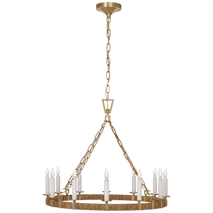 Darlana Medium Wrapped Ring Chandelier in Antique-Burnished Brass and Natural Rattan