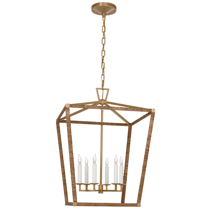 Darlana Large Wrapped Lantern in Antique-Burnished Brass and Natural Rattan