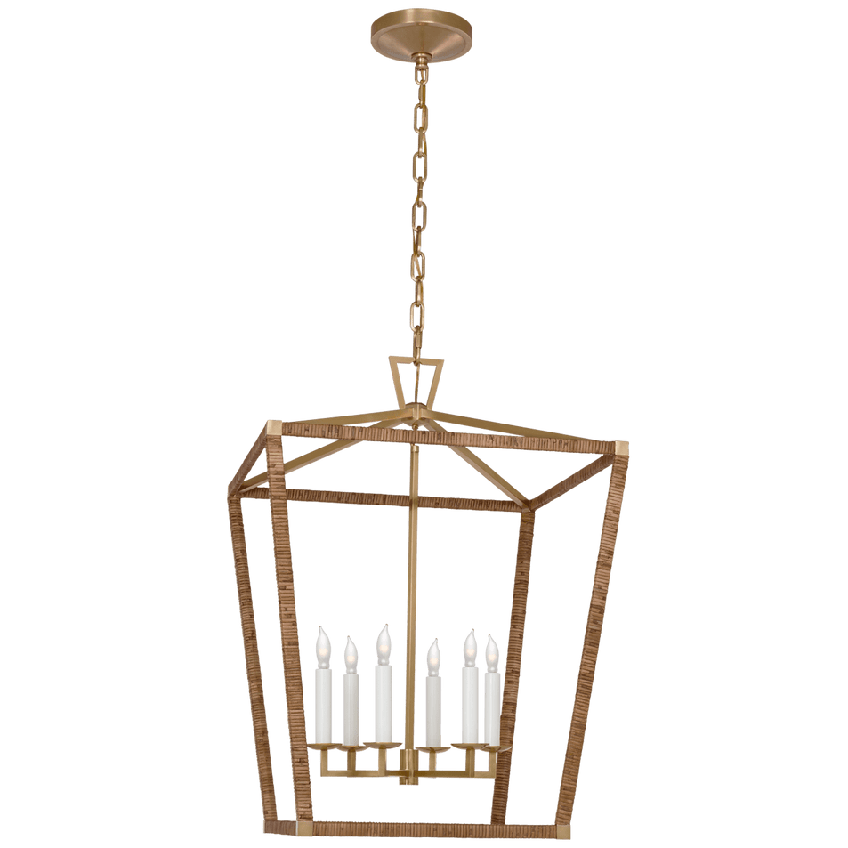 Darlana Large Wrapped Lantern in Antique-Burnished Brass and Natural Rattan