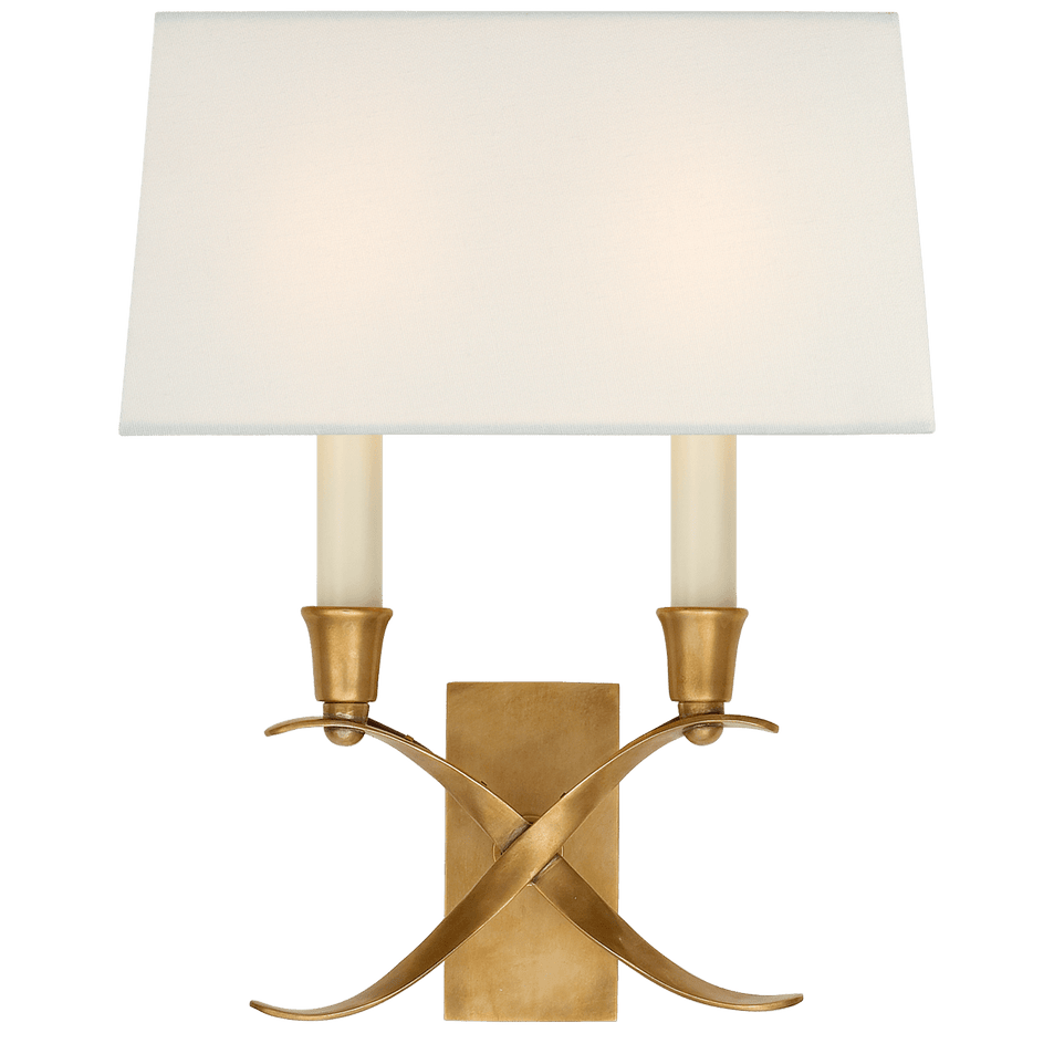 Cross Bouillotte Small Sconce in Antique-Burnished Brass with Linen Shade