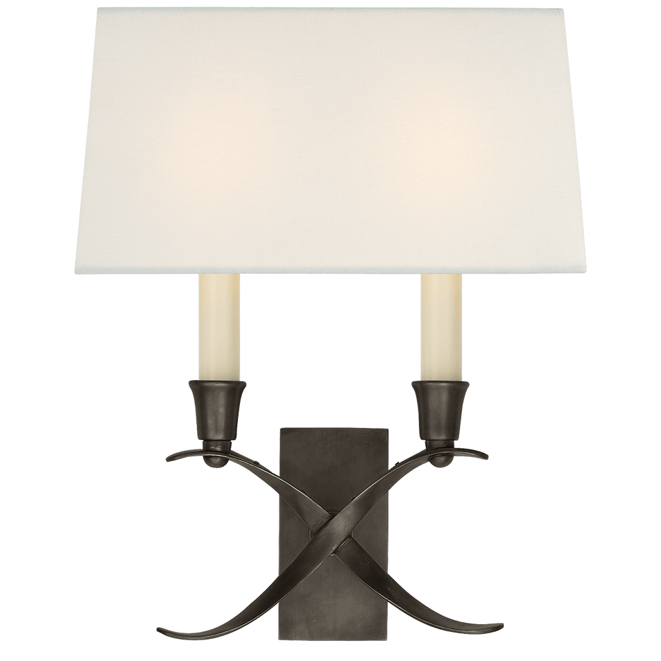 Cross Bouillotte Small Sconce in Bronze with Linen Shade