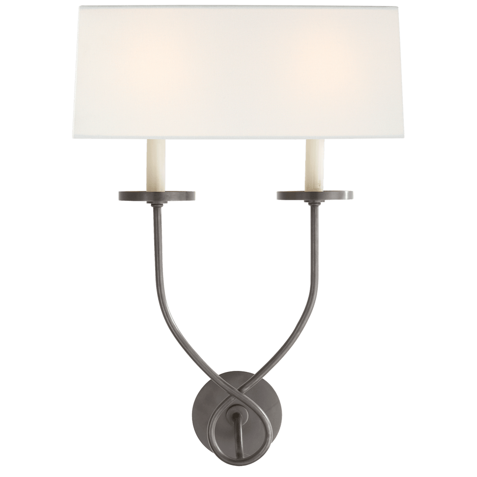 Symmetric Twist Double Sconce in Bronze with Linen Shade