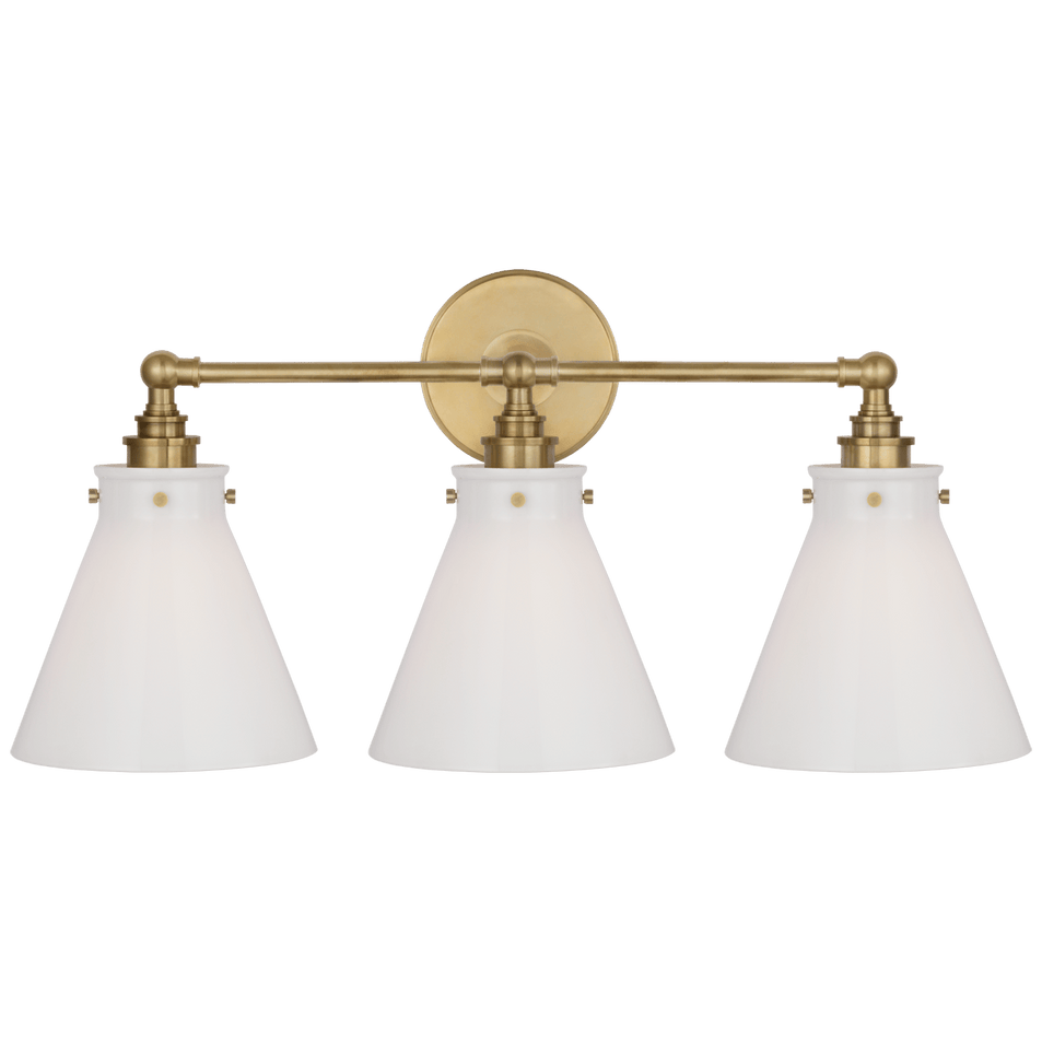 Parkington 24" Three Light Bath Bar in Antique-Burnished Brass with White Glass