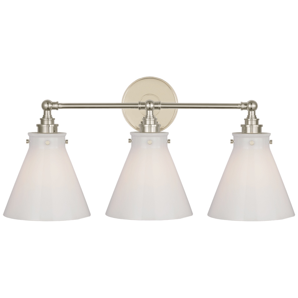 Parkington 24" Three Light Bath Bar in Polished Nickel with White Glass
