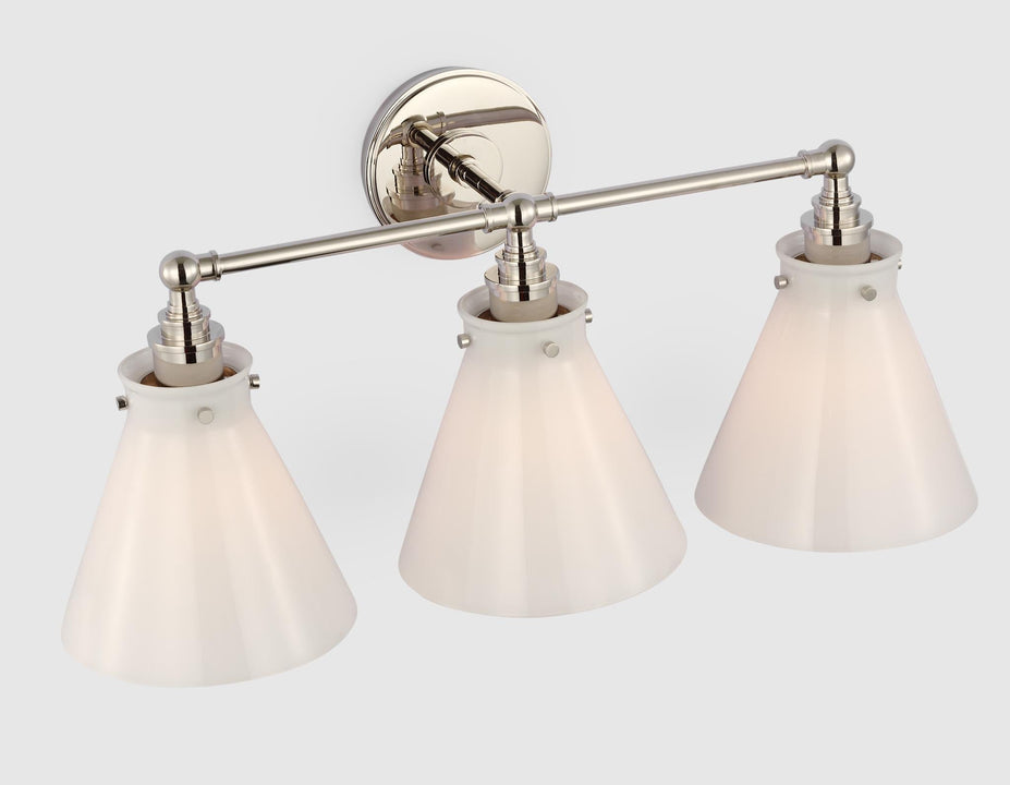Parkington 24" Three Light Bath Bar in Polished Nickel with White Glass