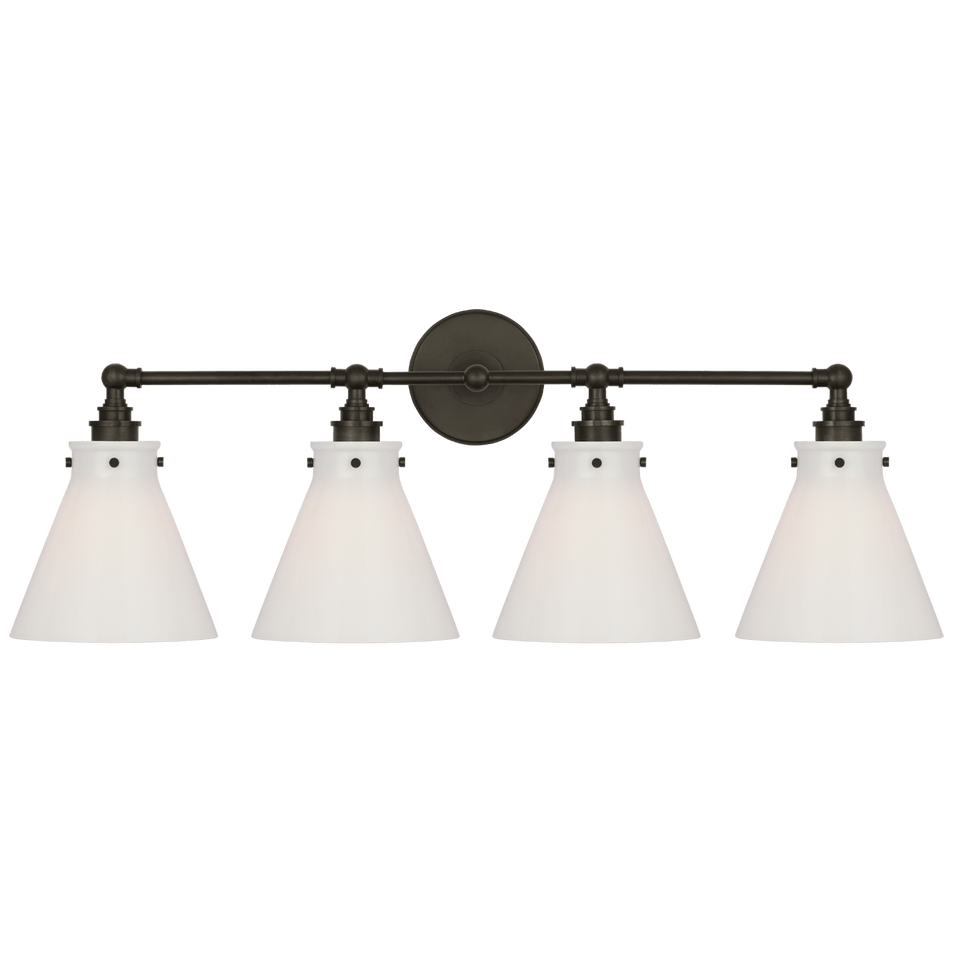 Parkington 32" Four Light Bath Bar in Bronze with White Glass
