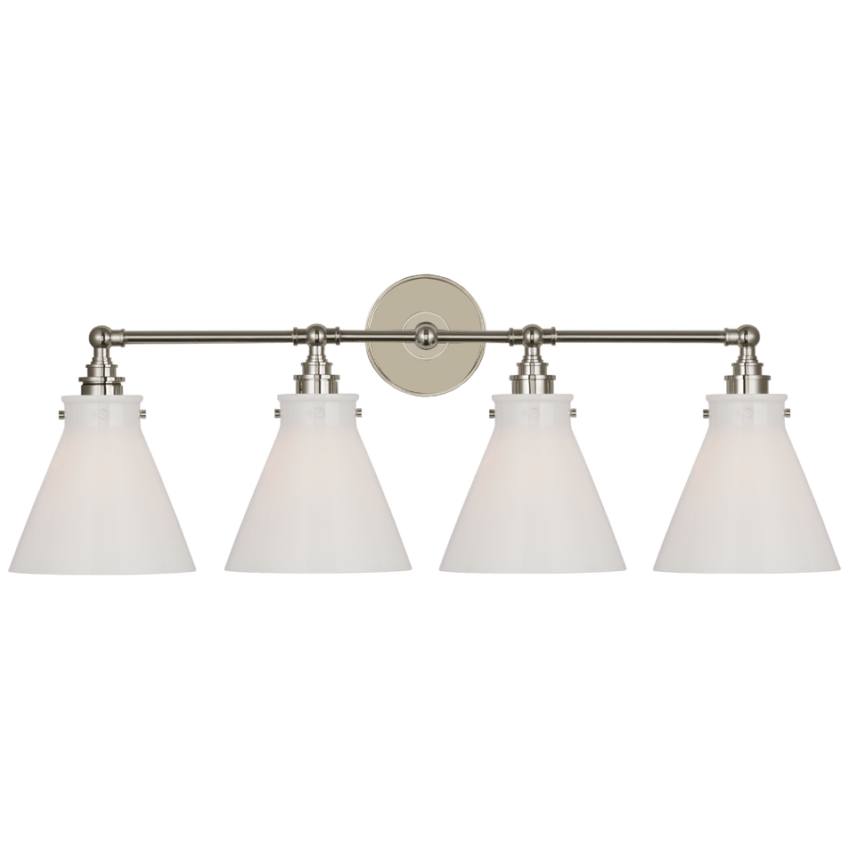Parkington 32" Four Light Bath Bar in Polished Nickel with White Glass